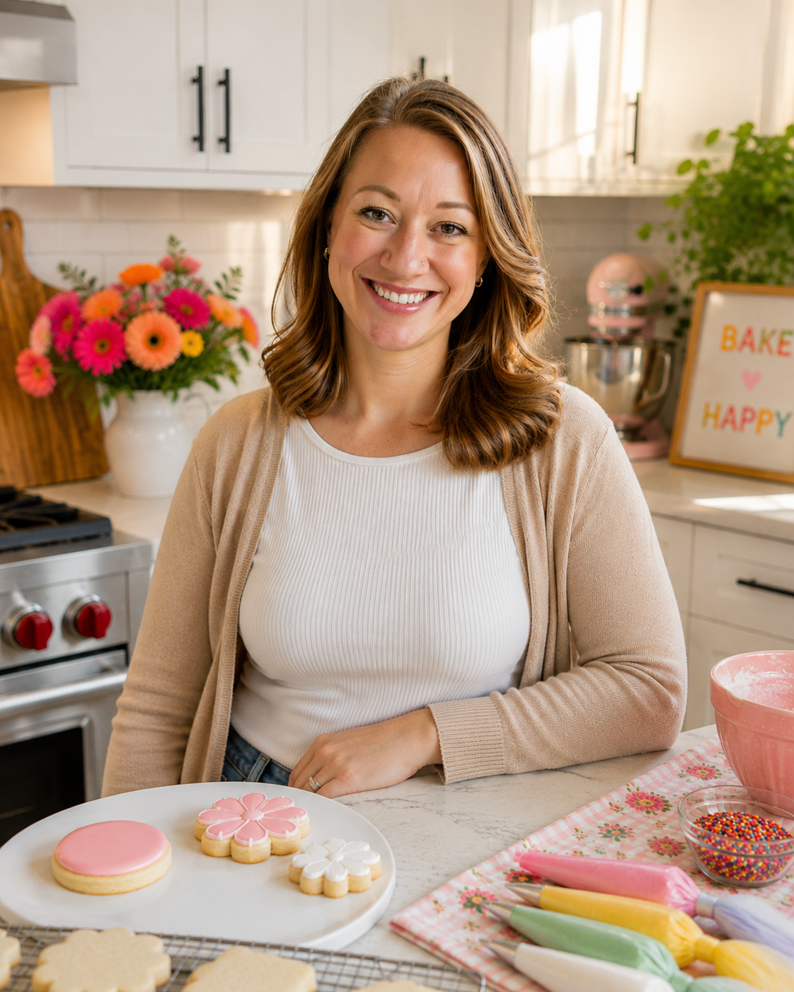 The baker and owner of Delightful Cookie Co. in her Kuna, Idaho kitchen with freshly decorated sugar cookies