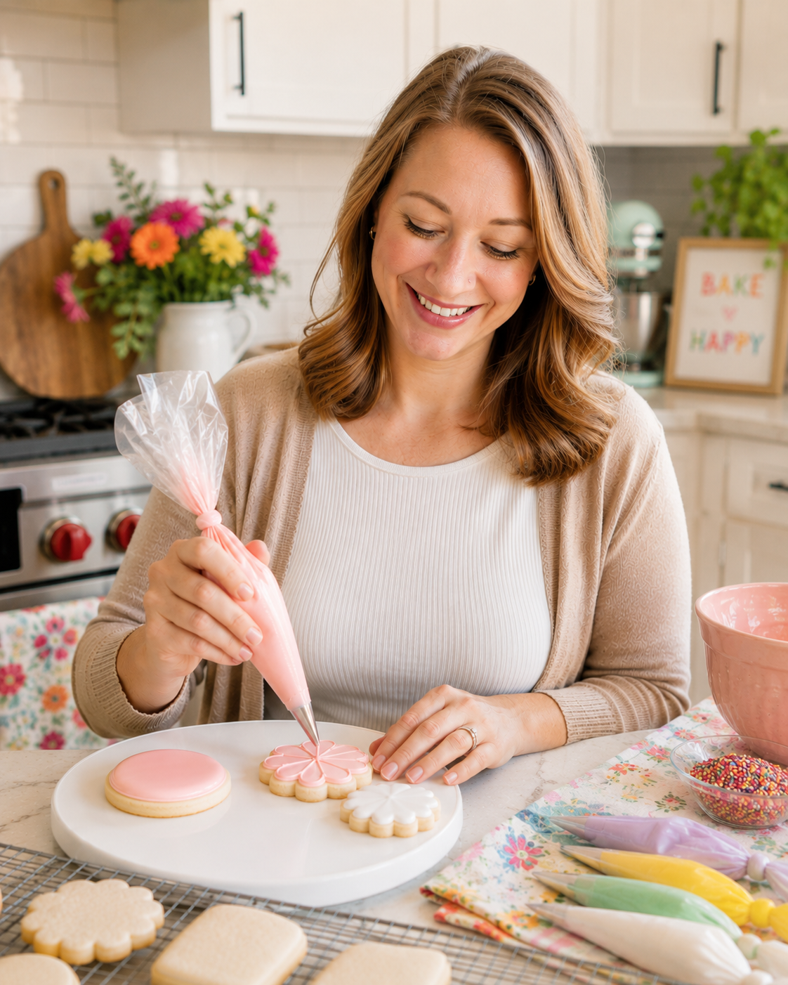 The baker carefully piping pink royal icing onto flower-shaped sugar cookies